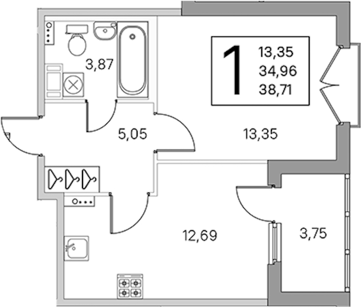 1-комнатная квартира 36.84 м², 3/4 эт., ЖК «Любоград в Стрельне»
